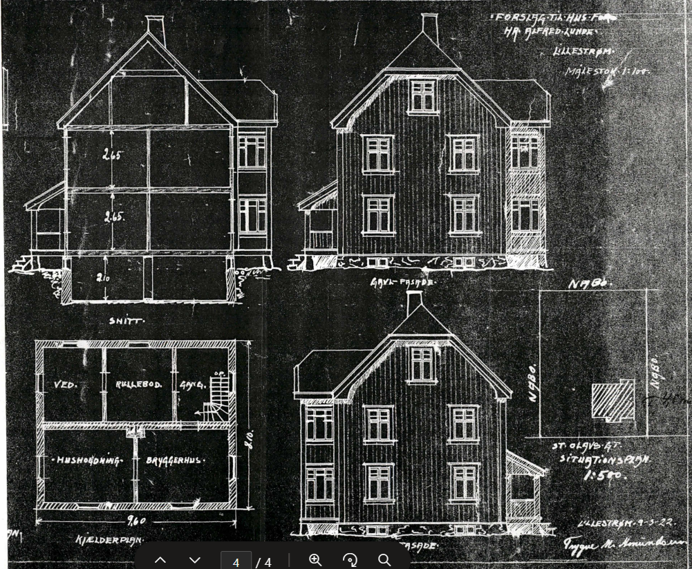 Eksisterende tegninger – Lillestrøm 2025 Originale tegninger som viser bygningens opprinnelige planløsning og konstruksjon, brukt som grunnlag for videre prosjektering.