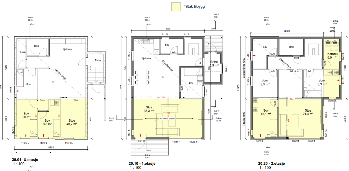 Plantegning – Tromsø 2025 Plantegningen viser funksjonell og moderne organisering av huset fra 1952, med løsninger basert på eksisterende tegninger og kundens ønsker, utført av Cinzah Tegnekontor.