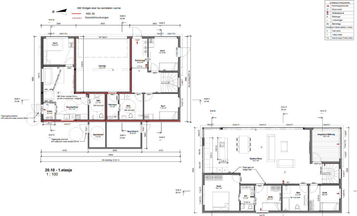 Funksjonell og moderne planløsning med gode romforbindelser, store vindusflater, integrert carport i boligen og effektiv utnyttelse av arealet.