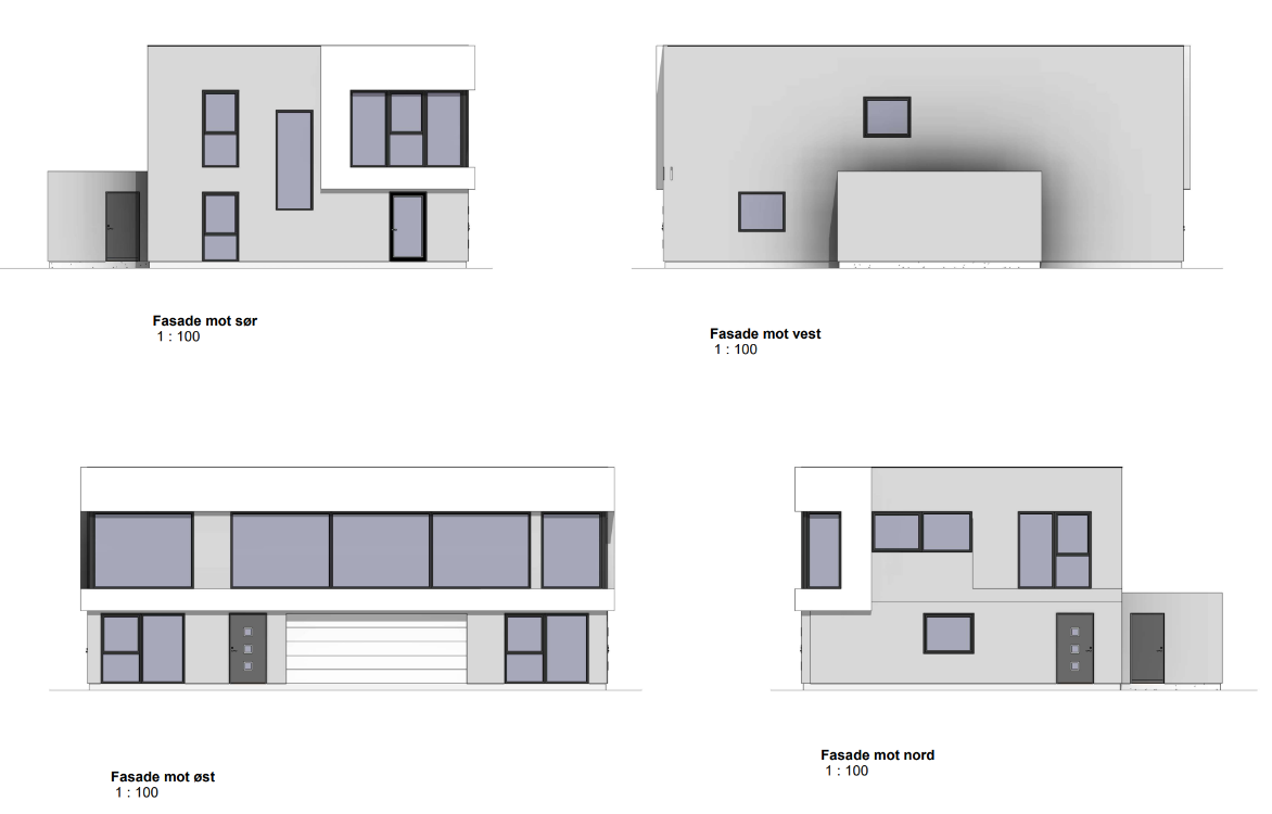 Fasade – Prosjekt Lura, Sandnes Fasadetegningene viser boligens arkitektoniske uttrykk, med flatt tak, rene linjer og store vindusflater. Tegningene illustrerer også materialbruk, proporsjoner og hvordan bygget fremstår fra de ulike sidene.