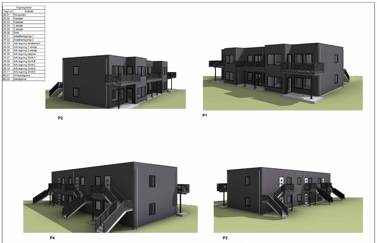 Perspektiv – Fire 6-mannsboliger, Bjørnafjorden (2025) Viser boligene med moderne design, gjennomtenkte planløsninger og solrike uteområder på tomten.