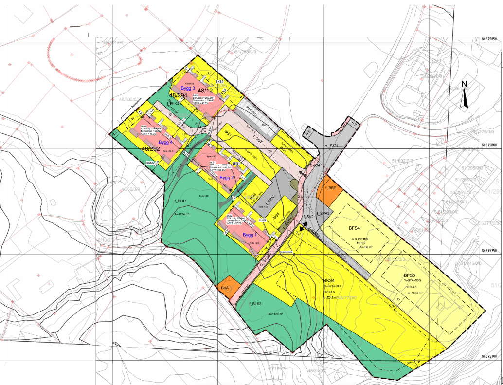 Situasjonsplan – Fire 6-mannsboliger, Bjørnafjorden (2025) Viser boligene plassert på tomten, inkludert adkomst, uteområder og tilpasning til terreng og omgivelser.
