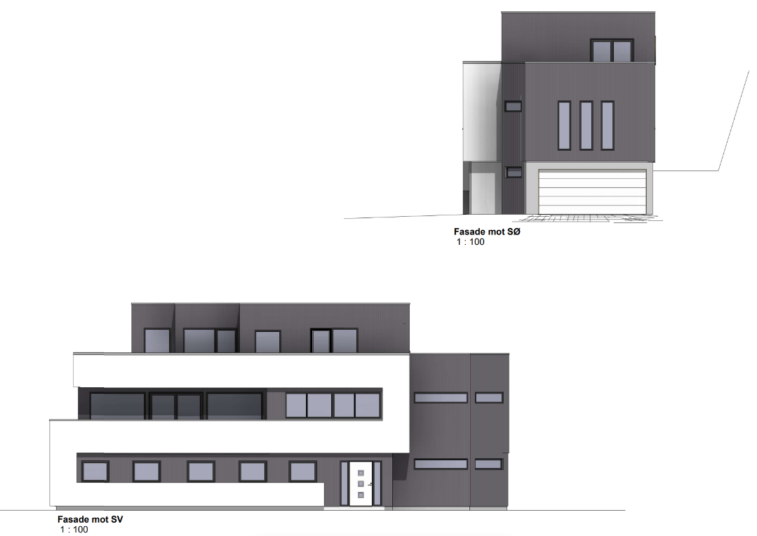 Fasade – Enebolig, Bjørnafjorden Viser den unike boligen med moderne flattak, rene linjer og attraktivt uttrykk.