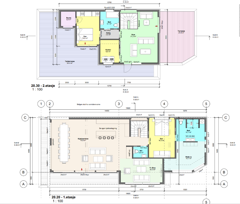 Plantegning – Enebolig, Bjørnafjorden Illustrerer effektiv romdisponering, moderne planløsninger og tydelig separasjon mellom hovedbolig og utleieleilighet.