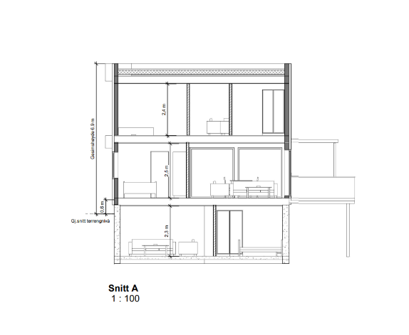 Snitt som viser høyder og konstruksjon for nytt tilbygg med flatt tak.