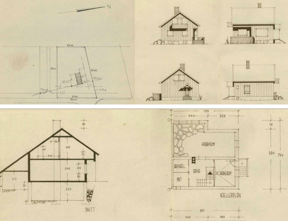 Eksisterende tegninger av bolig med skråtak før planlagt tilbygg og fasadeendring.
